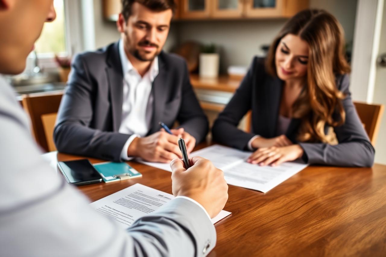Mobile notary meeting clients at their kitchen table to sign documents